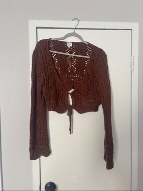 Crochet Tie-Front Crop Sweater Cardigan - Brown